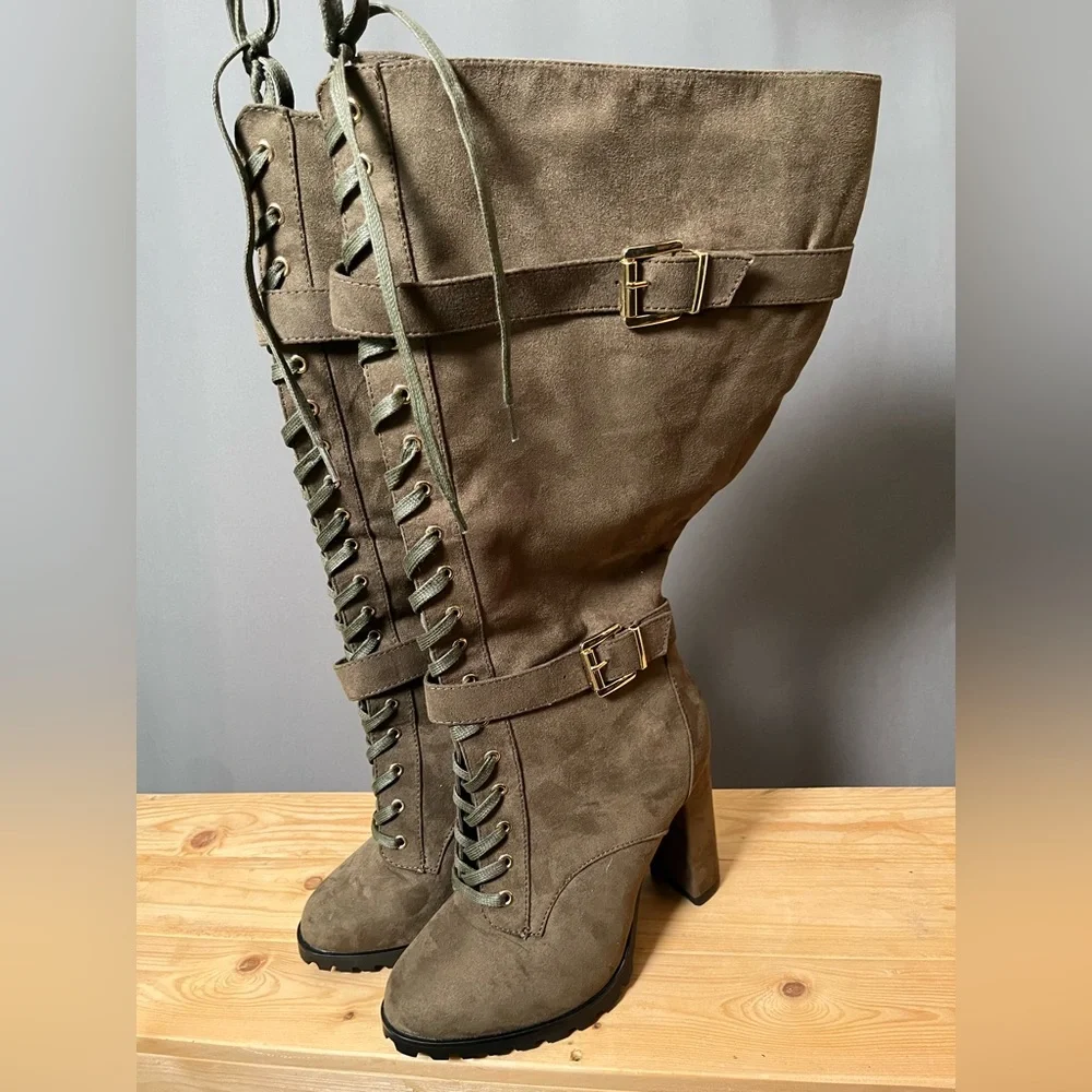 ‼️CLEARANCE Rangi Block Heeled Boots Olive Caviar Lace Up Women's 9 - Picture 6 of 10